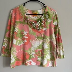 Ruby Rd. Lime Green and Pink Floral with Textured Floral 3/4 Sleeve Blouse
